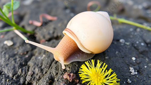 Close up Helix pomatia, or Roman snail, Burgundy snail, or escargot, an edible, air-breathing land snail, a pulmonate gastropod terrestrial mollusc in the family Helicidae on rock eating dandelions photo