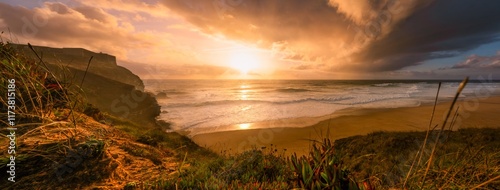 Panoramic view of waves at Nazare beach during sunset, Portugal