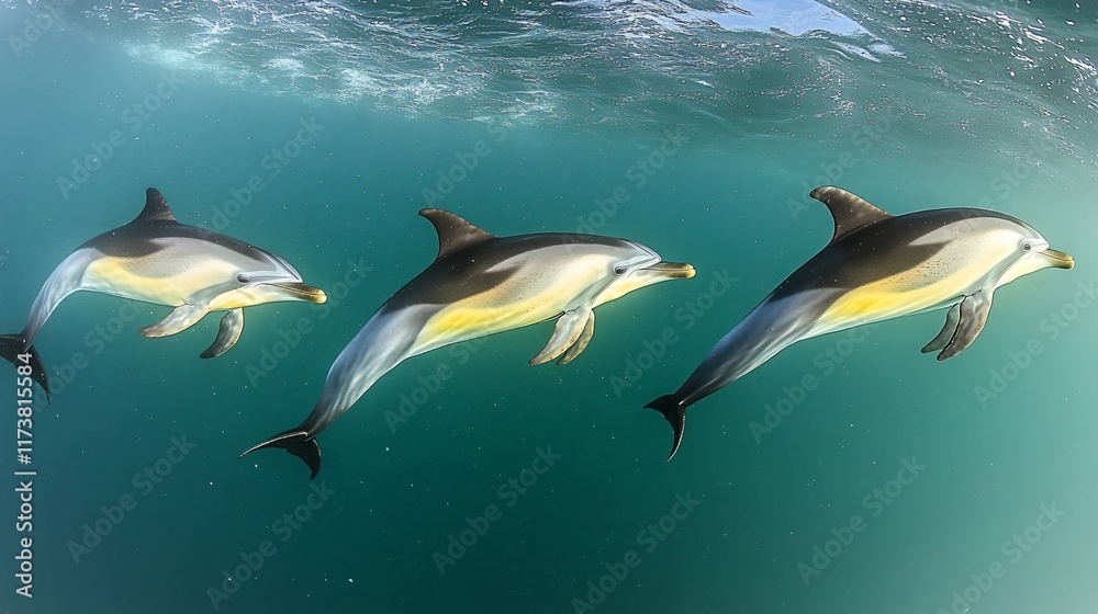 Obraz premium Three Dolphins Swimming Underwater Ocean Wildlife