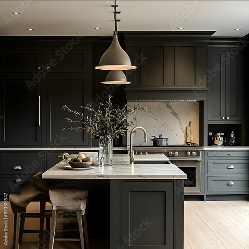 a hyperrealistic u shaped kitchen with shaker cabinets in a almost black shade of blue tinted gray moody island in the middle