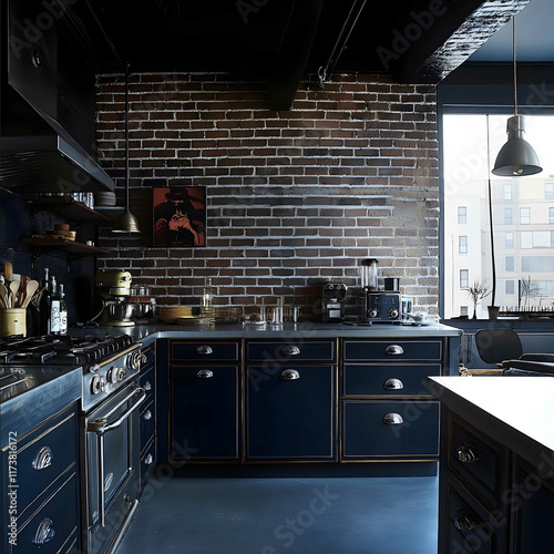 a kitchen in an apartment designed in industrial victorian yet elegant loftstyle bricks blueblack metallic cabinets photo