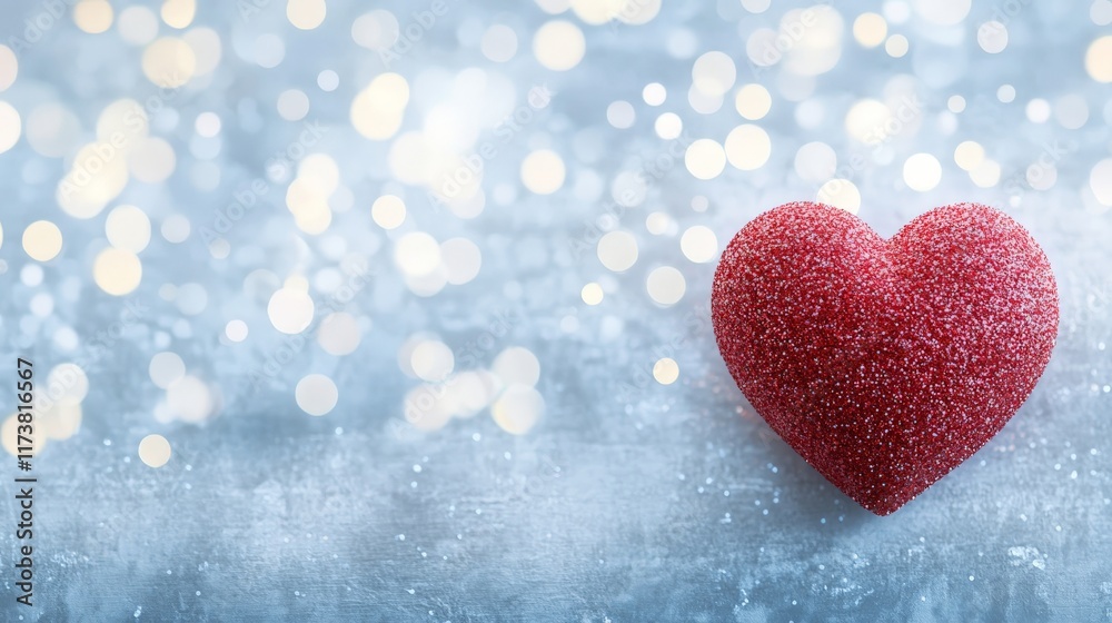 A red heart on a bokeh background with a snowy/glittery texture, positioned on the right side with ample negative space A red heart on a bokeh background with a snowy/glittery texture, positioned on the right side with ample negative space