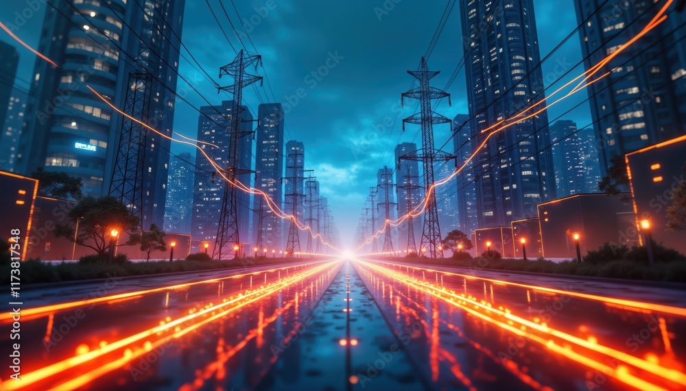 Fototapeta premium Futuristic city street at night. Power lines with glowing orange-red energy flow. Modern buildings line road. Trees, street lights create vibrant urban landscape. Electric energy illustration shows
