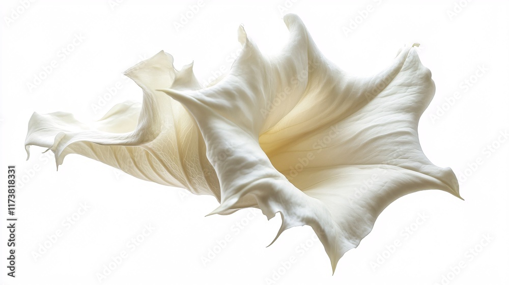 Naklejka premium A close-up of a delicate white flower petal, showcasing its elegant curves and soft texture against a bright background.