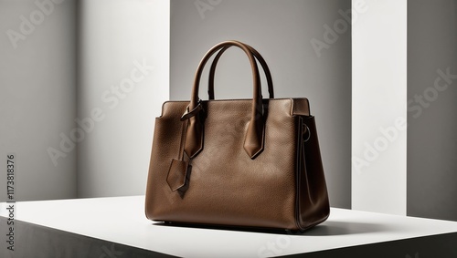 Elegant beige leather handbag on a white table