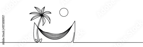 palm trees and hammock one line continuous drawing on white background.