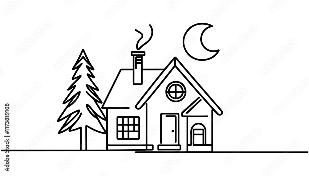Fototapeta premium Continuous thin line house vector illustration, minimalist house icon.
