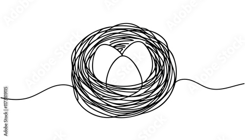 continuous line drawing of chicken eggs. one line drawing of chicken eggs in basket. isolated white background.