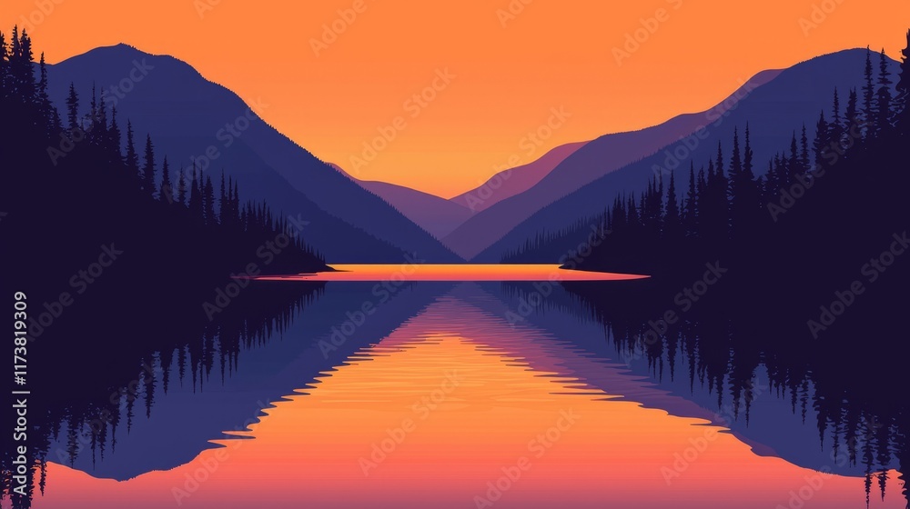 Fototapeta premium Breathtaking Sunset Over Serene Lake Surrounded by Majestic Mountains and Lush Forests