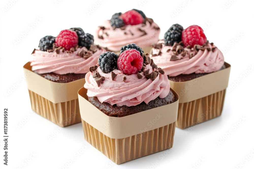 Delicious chocolate cupcakes with pink frosting, raspberries, blackberries and chocolate chips
