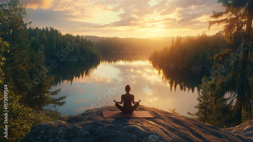 Person practicing yoga at sunset on a lake, highlighting tranquility and connection to nature.