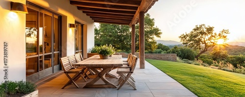 Rustic patio with natural wood finishes, an earthy color palette, and warm lighting photo