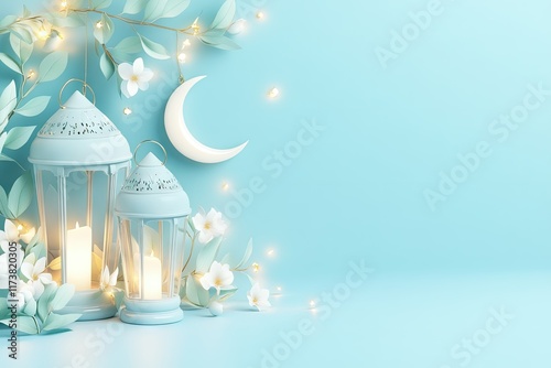 Ramadan Kareem poster. Islamic holiday banner with copy space.