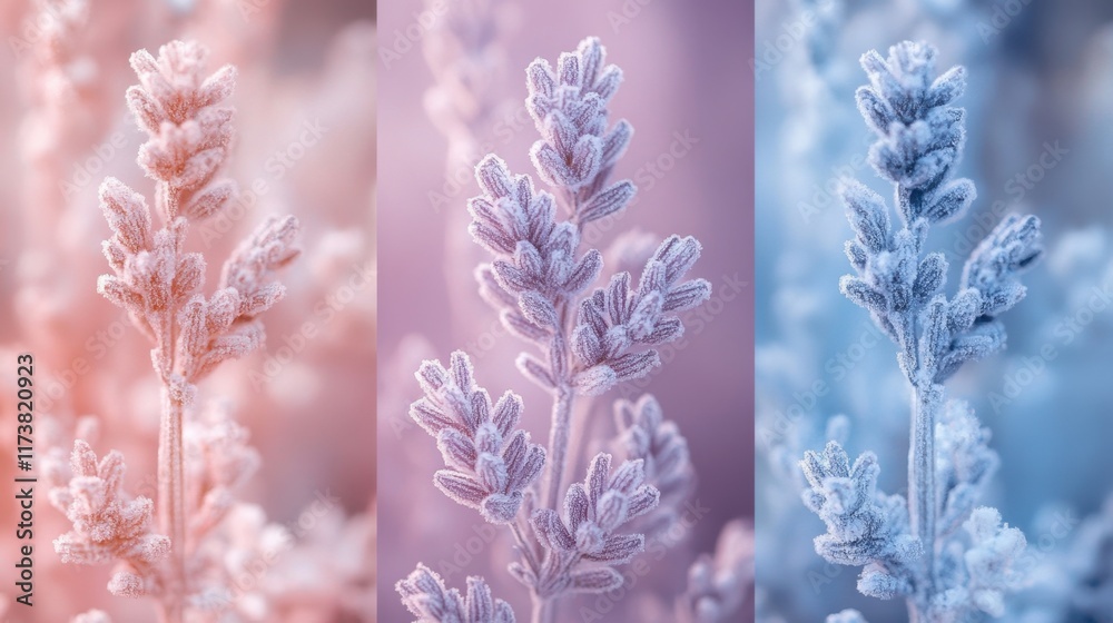 Obraz premium Delicate lavender branches frosted in winter hues of pink, purple, and blue capturing the essence of a serene cold morning. Generative AI