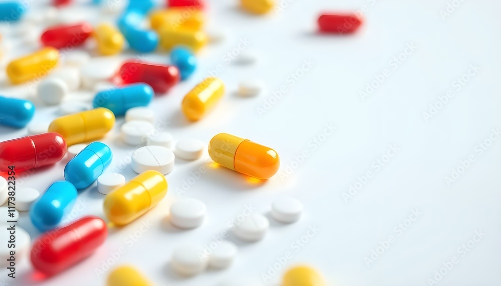 Scattered Medicine Capsules and Tablets in Red, Yellow, and Blue Scattered Medicine Capsules and Tablets in Red, Yellow, and Blue
