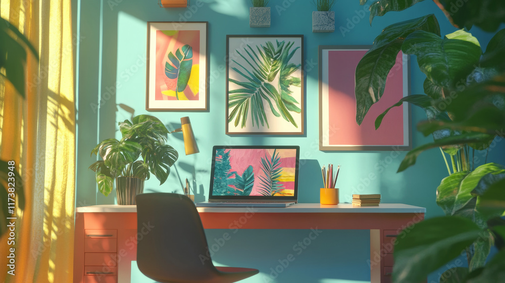 Fototapeta premium Vibrant home office with laptop and inspiring art prints.