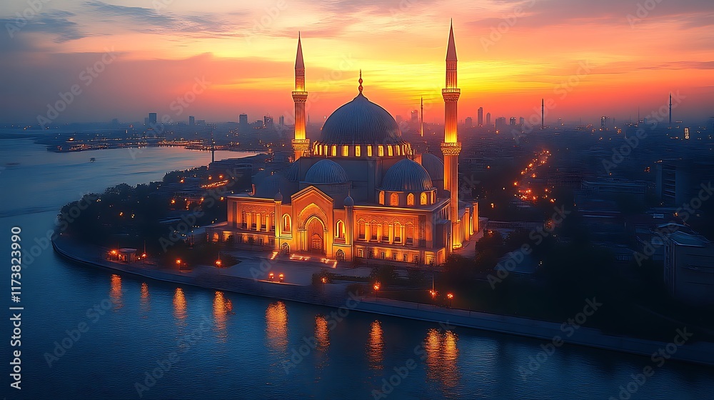 Obraz premium Illuminated mosque at sunset, aerial view.
