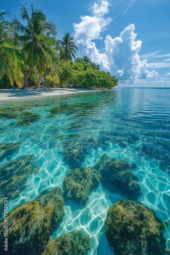 Photo réaliste professionnelle d’une île tropicale avec palmiers luxuriants, eau cristalline, et récifs coralliens visibles photo