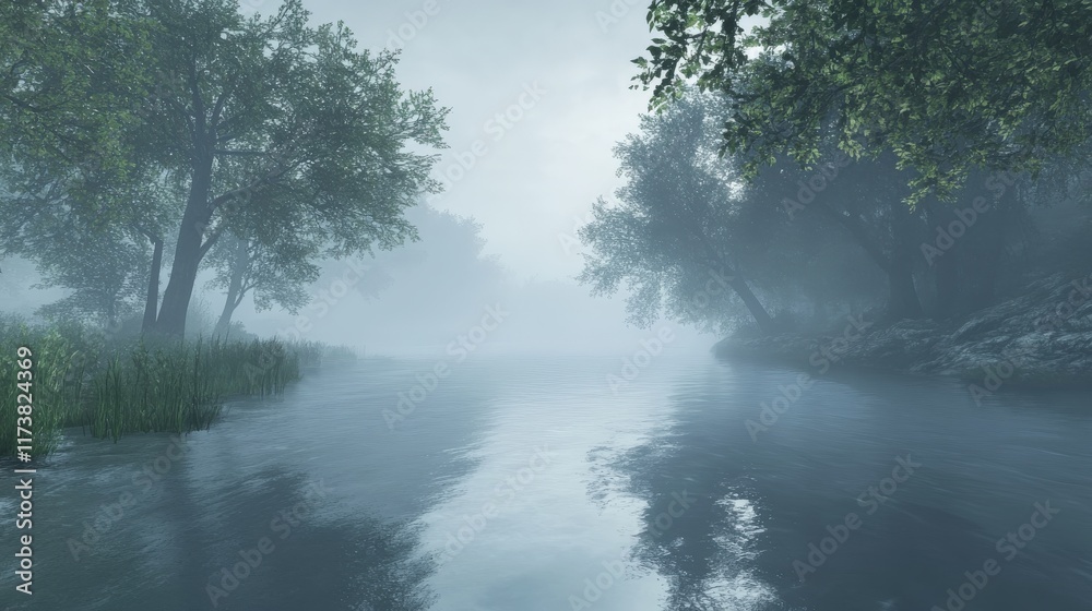 Misty River Winding Through A Foggy Forest Misty River Winding Through A Foggy Forest