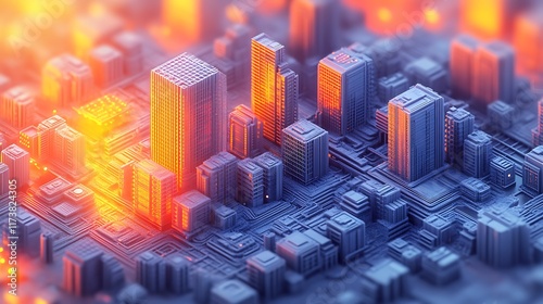 Futuristic city glowing at sunset.