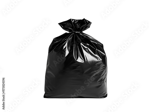 Black trash bag filled with waste displayed on a clean transparent surface for disposal