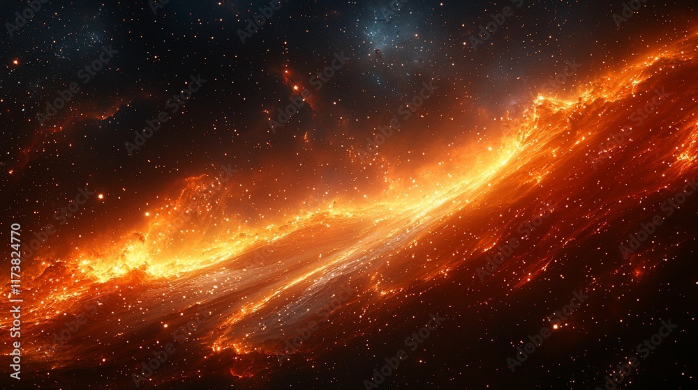 Fototapeta premium Fiery nebula in deep space with glowing cosmic dust and stars.