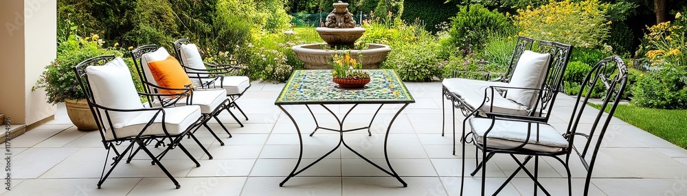 Fototapeta premium Vintage patio with wrought iron chairs, a mosaic table, and an antique garden fountain