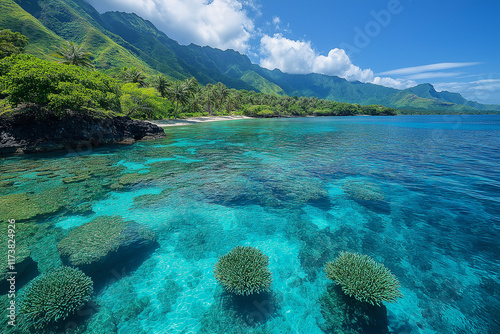 Photo réaliste professionnelle d’une île tropicale avec palmiers luxuriants, eau cristalline, et récifs coralliens visibles photo