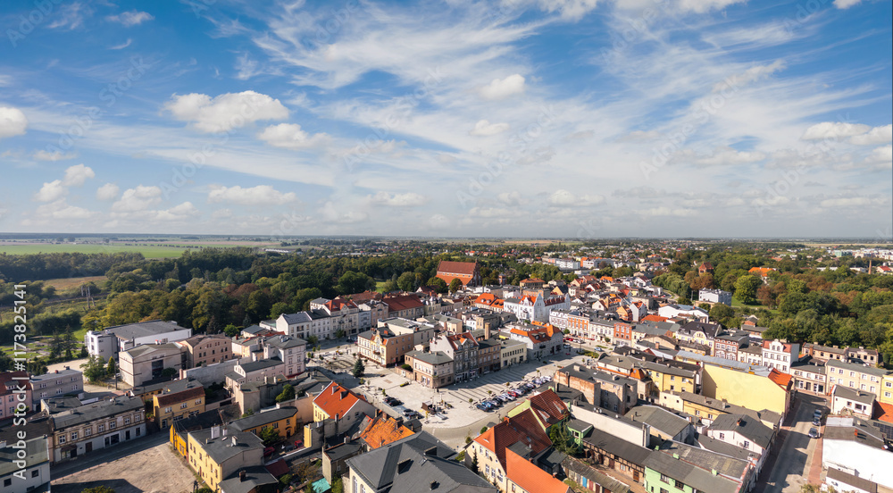 Summer skyline cityscape of Szamotuły, Wielkopolska, Poland. Wide panoramic aerial view