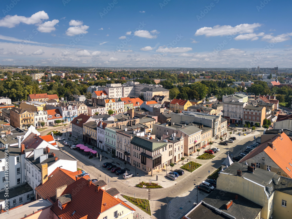 Summer skyline cityscape of Szamotuły, Wielkopolska, Poland. Wide panoramic aerial view