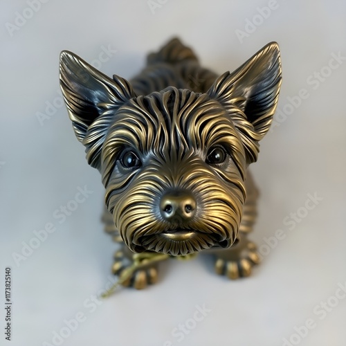 Bronze statue of a Yorkshire Terrier with a bow, showcasing intricate details and charming expression, copy space