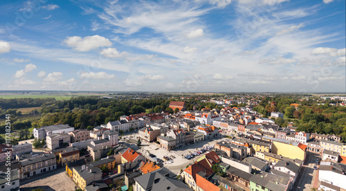 Obraz na płótnie Summer skyline cityscape of Szamotuły, Wielkopolska, Poland. Wide panoramic aerial view w salonie