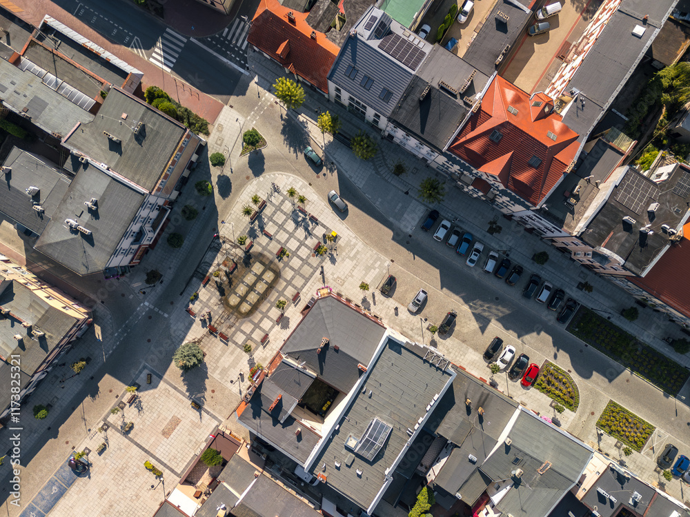 Summer skyline cityscape of Szamotuły, Wielkopolska, Poland. Wide panoramic aerial view