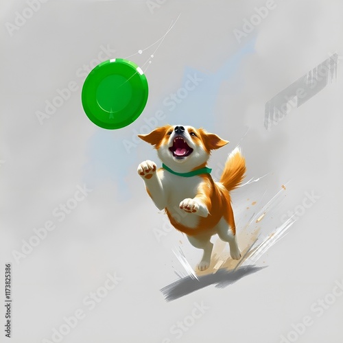 Energetic dog jumping to catch a green frisbee in a vibrant outdoor scene, playful atmosphere, copy space