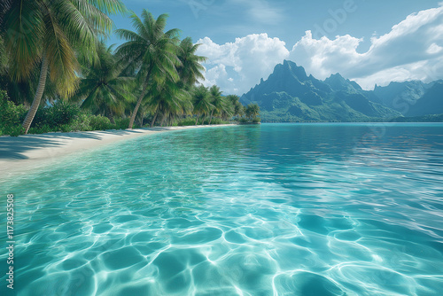 Photo réaliste professionnelle d’une île tropicale avec palmiers luxuriants, eau cristalline, et récifs coralliens visibles photo