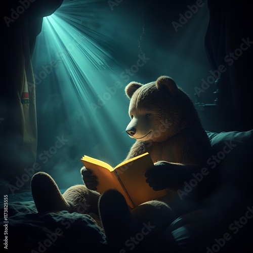 Bear in a cozy mood reading a bedtime story in a dimly lit room, concept