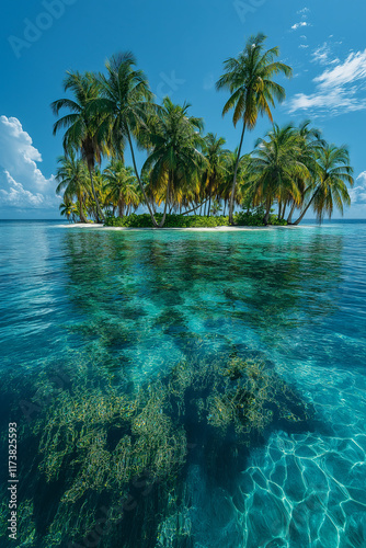 Photo réaliste professionnelle d’une île tropicale avec palmiers luxuriants, eau cristalline, et récifs coralliens visibles photo