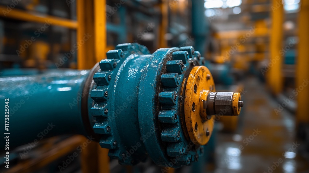 Obraz premium Industrial Gear Close-Up: Teal and Yellow Machinery Detail