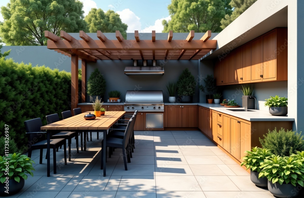 Fototapeta premium Outdoor dining area with built-in barbecue, bar. Wooden pergola provides shade. Stylish modern design. Large wooden table, black chairs for dining. Plants add touch of greenery. Spacious patio area.