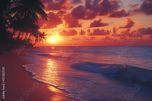 A tropical beach at sunset with a vivid orange and pink sky, silhouetted palm trees, and calm ocean waves