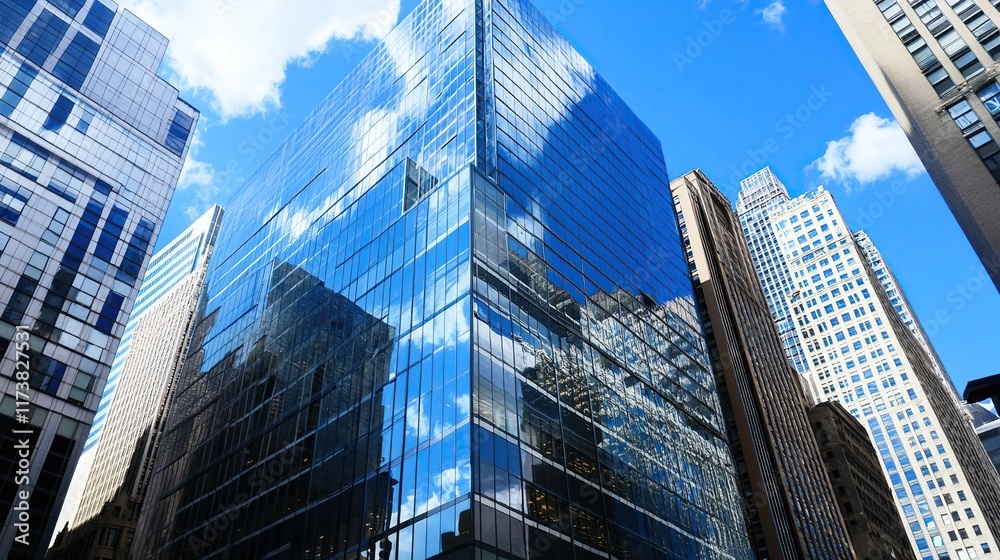 A tall skyscraper in the downtown city skyline with glass windows reflecting the blue sky, symbolizing modern architecture and business in an urban finance center A tall skyscraper in the downtown city skyline with glass windows reflecting the blue sky, symbolizing modern architecture and business in an urban finance center