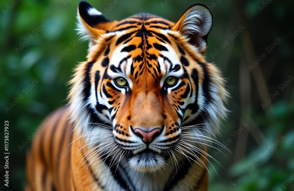 Fototapeta premium Close-up portrait of Sumatran tiger. Fierce expression with intense gaze. Wild animal in natural habitat. Predatory mammal with distinctive orange, black stripes. Wildlife in Asian jungle. Beautiful