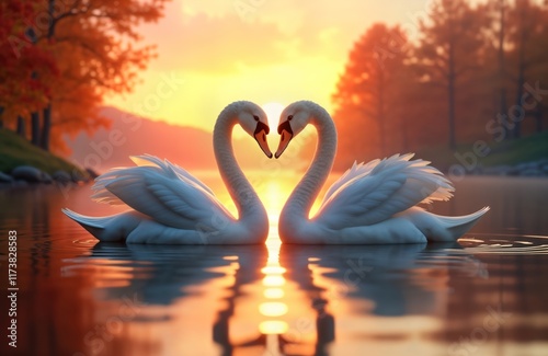 Fototapeta Naklejka Na Ścianę i Meble -  Two white swans swim in lake at sunrise. Necks touching forming heart shape. Beautiful scenery surrounds with trees, calm tranquil atmosphere. Romantic image of nature at dawn. Serene landscape with