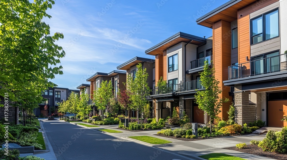 Residential house on a suburban street with blue sky and trees in the city Residential house on a suburban street with blue sky and trees in the city