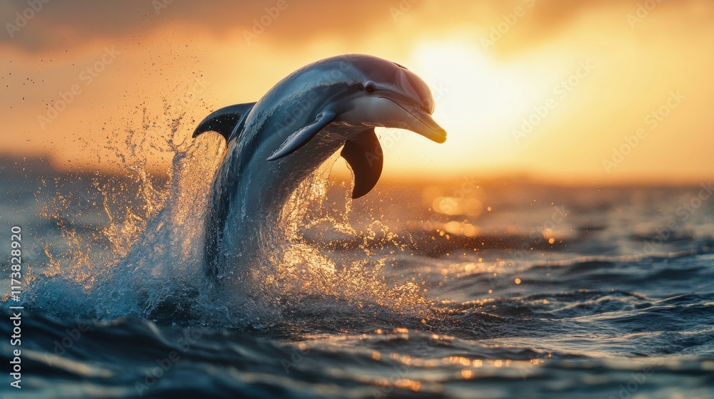 Fototapeta premium Dolphin leaps joyfully over ocean waves during a stunning sunset on a serene evening. Generative AI