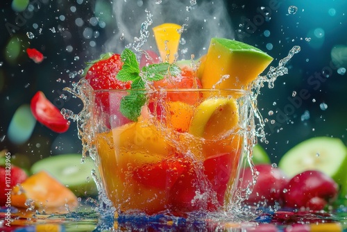 Colorful fruit splash creates a vibrant scene with juicy pieces and refreshing mint