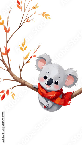 A cute koala wearing red scarf sitting on branch of tree, digital painting style, abstract white background, graphic design illustration wallpaper  photo