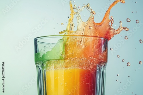 Freshly squeezed juice from a juicer filling a clear glass against a colorful background of fruits