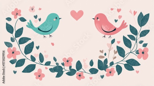 bird cartoon illustration border frame with a light pink background featuring a decorative border of pink and teal flowers and leaves.