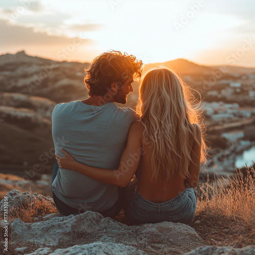 couple in love - a guy and a girl sitting on a hill, hugging, at sunset